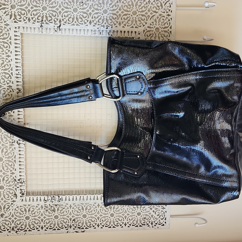 Nine‎ West Shiny Black Shoulder Bag Purse Tote Croc Embossed Classy